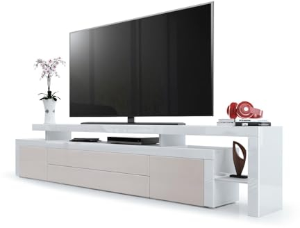 Vladon TV Board Lowboard Leon V3, Made in Germany, Korpus und Überbau in Weiß Hochglanz/Front in Sandgrau Hochglanz mit Rahmen in Weiß Hochglanz (227 x 52 x 35 cm)