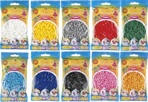 Happy Price Toys - Hama Midi Bügelperlen Konvulut - Weiss 01,Gelb 03,Rot 05,Hellblau 09,Grün 10,Grau 17,Schwarz 18,Pastell Blau 46,Pastell Pink 48,Teddybärenbraun 60, (10 Farbenmix3)