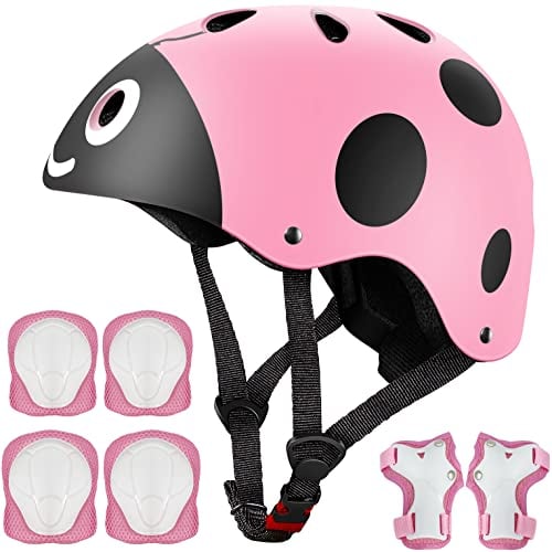 UniqueFit Juego de 7 Almohadillas Protectoras para Deportes al Aire Libre para niños y niñas (Rodilleras, Coderas y muñequeras) (Rosa Escarabajo)