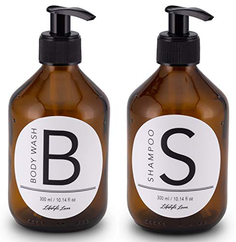 Lifestyle Lover 2er Pack Seifenspender aus Braunglas, Bernsteinfarben Body Wash 300ml und Shampoo 300ml