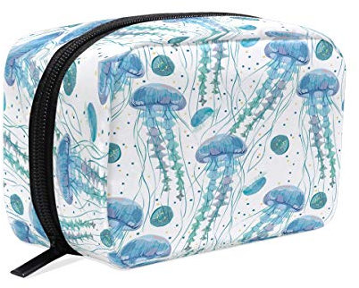 Quallen-Kosmetiktasche für Reisen, Make-up, weiß und blau, tragbarer Organizer, große Kapazität, Kulturbeutel, Aufbewahrungsbox für Mädchen und Frauen, für den Außenbereich