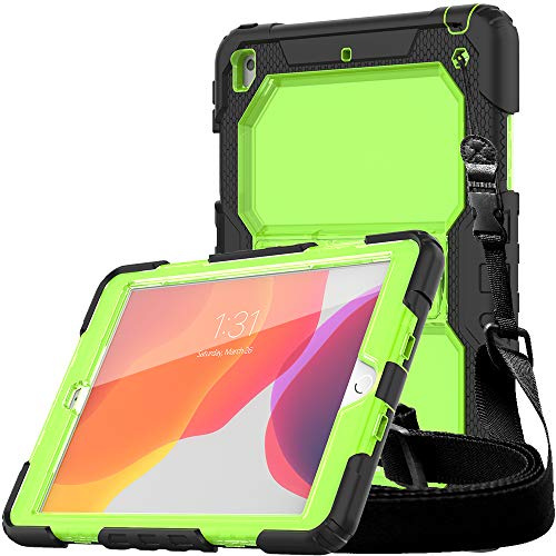 TECHGEAR Vanguard hülle Designed für iPad 10.2 2021/2020/2019 9. 8. 7. Generation [Outdoor Case] Stark Rüstung Stoßfest Schutzhülle mit Eingebaut Standfuß, Aufsteckbarem Schultergurt, Schwarz/Grün