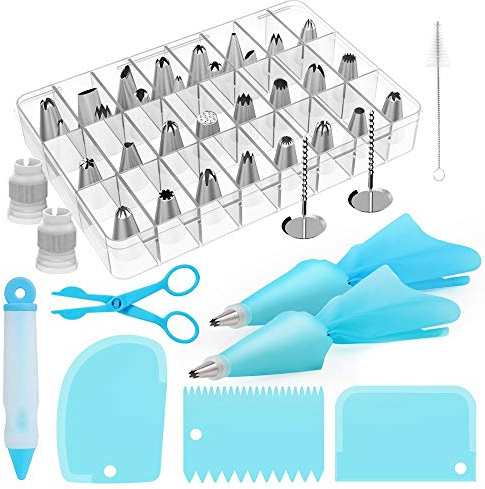 Douille Patisserie Poche à Douille, 42 Pcs Acier Inoxydable DIY Kit pour Décoration de Gâteaux, Muffins 30 Douilles, Douille Ciseaux, Pinceau,Sacs pour Passepoil,Clous à Fleur, Stylo à Fleurs en Soie