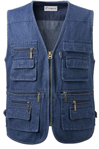 KTWOLEN Gilet di Jeans da Uomo Multi-Tasca Gilet Moto Giacca Denim Vintage Smanicato Jeans Giubbino da Lavoro con Cerniera