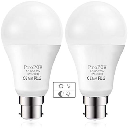 ProPOW Dusk to Dawn Light Bulb, 9W (60 Watt Equivalent) A60 LED Light Sensor Bulbs, Smart Automatic on/Off,Indoor/Outdoor Lighting Bulb for Porch Garage Hallway Patio (Daylight White, B22, 2-Pack)