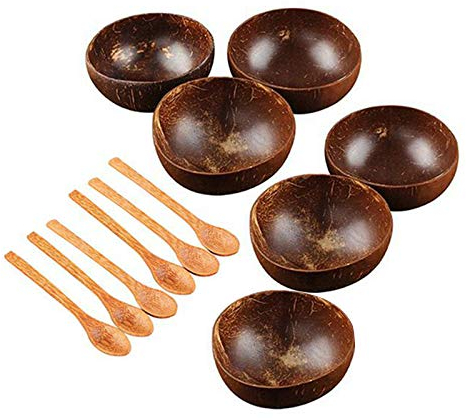 Jcevium Coconut Bowl Set Handmade Coconut Shell Wood Spoon Dessert Fruit Salad Mixing Bowl Rice Ramen Bowl 12Pcs