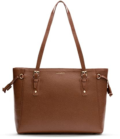 Lazarotti Bologna Leder Shopper Tasche Damen | Tote Bag mit seitlichen Kordelzügen | XL Schultertasche 36 cm