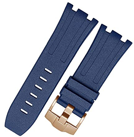 ZXTQW Uhrenarmband 28mm Fluor-Gummi-Strap wasserdichte Silikon-Armband-Männer Ersatz-Armband-Uhr-Band kompatibel mit Audemars Piguet Royal Eiche Leder (Band Color : Blue Rose Gold, Band Width : 28mm)