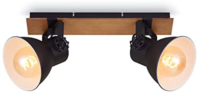 Briloner Leuchten Deckenlampe retro mit Holzbalken, 2-flammige Deckenleuchte vintage, E27 Fassung max. 40 Watt, verstellbare Lampenschirme, rustikaler Deckenspot, Schwarz-Weiß-Holz, 1 Stück (1er Pack)