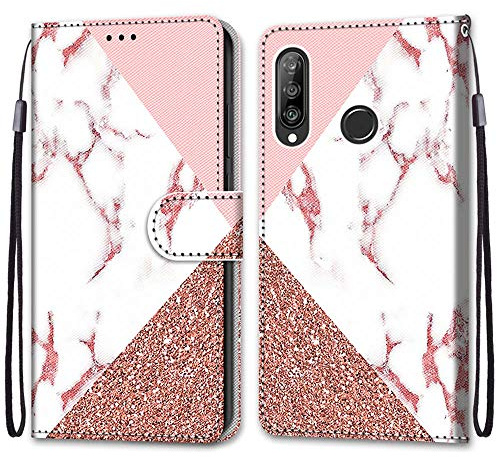 Mo-Somnus Kompatibel mit Huawei P30 Lite Hülle, Leder Handyhülle mit Kartenfach Geld Slot Ständer PU Ledertasche TPU Bumper Wallet Flip Brieftasche Magnetische Schutzhülle Case Etui (Marmor)