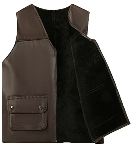 Herren Schaffell Pelz Leder Weste Winter Thermische V-Ausschnitt Weste Einreihig Slim Fit Herren Weste Brown 2 Pockets 5XL