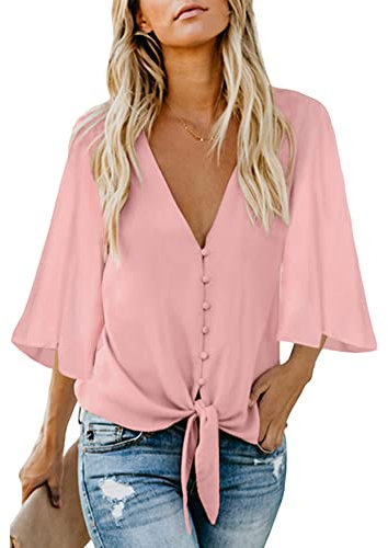 Vancavoo Chemisier Femme Chemise Manches Courtes 3/4 Blouse Femme Top Mousseline de Soie Chemise Décontractée avec Nœud Mode Haut Boutonné Col V Casual T-Shirt Couleur Unie S-XXL(Rose,S)