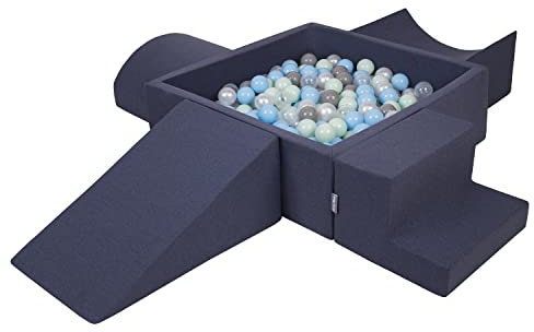 KiddyMoon Spielplatz Aus Schaumstoff Mit Quadrat Bällebad (200 Bälle) Ballgruben Für Babys Spielbad Hindernisläufen, Hergestellt In Der EU, Dunkelblau:Perle/Grau/Transparent/Babyblue/Minze