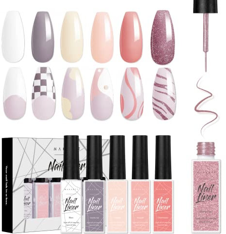 Makartt Gel Nagellack Set 6 Glitzer-Farben,Rosa Weiß Nackt Funkeln Natürliches Zeichengel Nagel Liner Eingebautem Dünnen Nagelpinsel