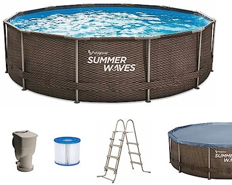 Summer Waves Frame Pool Komplettset | Rund 366x91 cm Rattan Optik Braun | Aufstellpool Set | Gartenpool & Schwimmbecken inkl. Filterpumpe, Einstiegsleiter & Abdeckplane