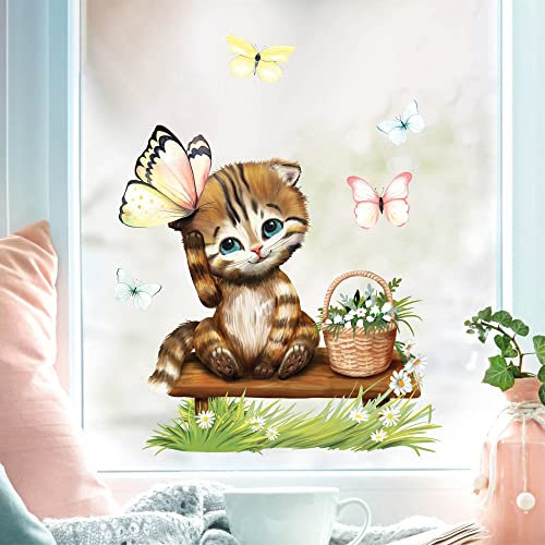 Wandtattoo Loft Fensterbilder Frühling Katze mit Schmetterlingen Motiv – A4 Bogen Wiederverwendbar – Frühlingsdeko Fenster, Frühlingsbild Fenster, Fenster Frühling, Fensterfolie Frühling Selbstklebend