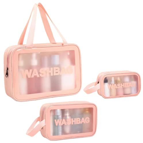 Evmyo 3 in 1 Beauty Case Donna da Viaggio 3 Pezzi Borse da Toilette Impermeabile Trasparenti Borse Cosmetica Grande Trousse Porta Trucchi Borsa per WC Trasparente Donna e uomo (Rosa)