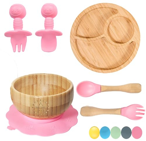 77 Star Bamboo Baby Weaning Set, Baby Suction Bowl, Suction Plate Baby, Spoon & Fork, Strong Detachable Suction Base Baby Feeding Set, Non-Slip Bamboo Bowl & Baby Plates with Suction (Pink)