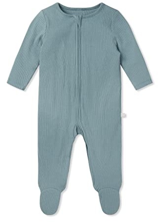 MORI Ribbed Clever Zip Sleepsuit in Bamboo & Organic Cotton, Multiple Sizes | Concealed double-directional zipper ensures quick nighttime diaper changes, with fold-over scratch mitts up to 9 months.