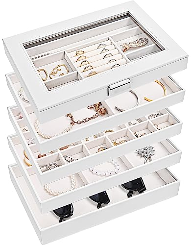 ProCase Portagioie da Cassetto Impilabile, Vassoio Porta Gioielli Donna Set di 5, Organizzatore Gioielli con Divisori Rimovibili per Orecchini, Collane, Bracciali, Anelli, Gioielli - Bianco