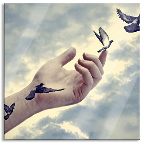 Pixxprint Glasbild, Wandbild auf Echtglas, Vögel fliegen in die Freiheit, 40x40 cm, inkl. Aufhängung und Abstandshalter