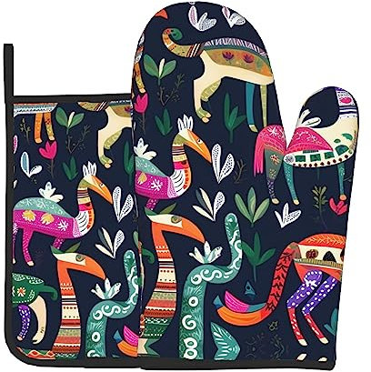 Mexikanische Otomi Tiere Ofenhandschuhe und Topflappen-Set, 2 Stück, hitzebeständig, wasserdicht zum Kochen, Backen, Grillen