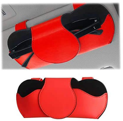 JNNJ Brillenhalter für Auto Leder, Auto Sun Visor Aufbewahrungstasche PU Leder, Aonnenblenden Auto Organizer, Multifonction Brillenetui, Für alle Fahrzeuge(Rot)