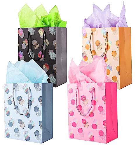 Yoosso 4 PCS Gift Bags (9 x 7x 4 inch), Gift Bags for Presents with Tissue Paper Birthday Wedding Party Shopping Baby Shower Graduation Thank You Gift Bags for Women Men Kids Teachers