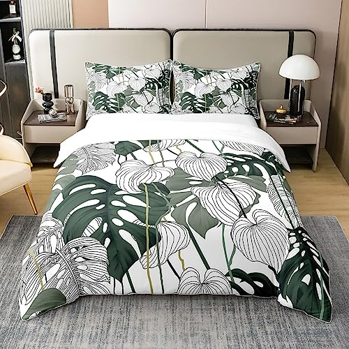 100% Natürliche Baumwolle Palm Blatt Bettwäsche Set Monstera Bettbezug Tropische Blätter Zweig Tröster Abdeckung Hawaiian Hippie Botanische Bettdecke Abdeckung für Erwachsene,Dekor 155x220,Mikrofaser