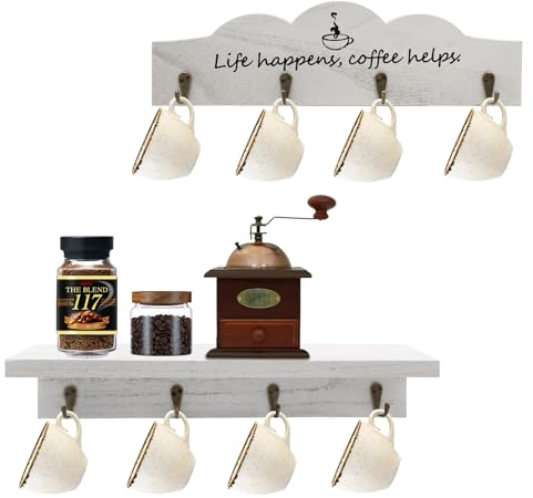 LYFJXX Coffee Cup Holder Wall Mount with 8 Hooks, 2 Pieces Wooden Coffee Cup Holder with Coffee Sign, Tea Cup Hanger for Bar, Kitchen Organiser Display, Coffee Corner Decor (White-2pcs)