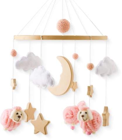 Promise Babe Baby Mobile Holz Schaf Baby Windspiele mit Filzkugeln Holz Stern Mond Baby Mädchen Mobile Babybett Babytisch Wickeltisch Holz Gehäkelt Wolken Mobile Glocke Bett Anhänger Sheep Bed Bell
