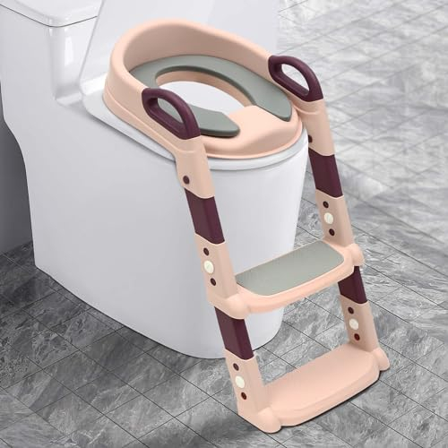Sedile WC per bambini con scale per bambini, con imbottitura in poliuretano e quattro cuscinetti in gomma antiscivolo, altezza regolabile 34-44 cm, con pedali antiscivolo, per 2-7 anni