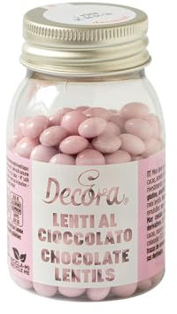 Decora, 2081193 Confezione da 80 g Mini Lenti Cioccolato A Latte Rosa Dim. ⌀ 10 mm, Pronte all’uso, Da cospargere direttamente su torte, Con il 60% di cioccolato al latte, Made in Italy