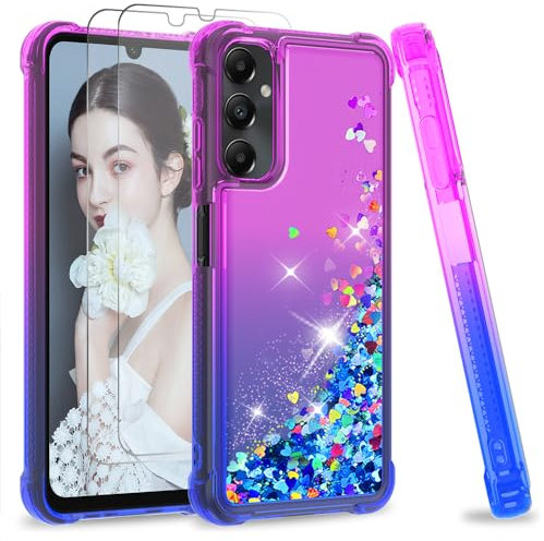 LeYi Glitzer Hartglasfolienhülle für Samsung Galaxy A05S Stoßfest Bling Schutz Blühen Lila/Blau