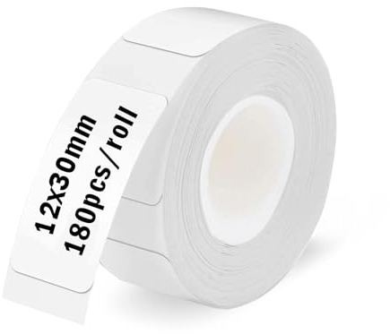 Thermo-Etikettenband, 12 x 30 mm Etiketten Papier, Etikettierpapier für Etikettendrucker, 7m wasserfeste Etiketten geeignet für Haus, Büro, Schule (Weiß, 180 Etiketten/Rolle)