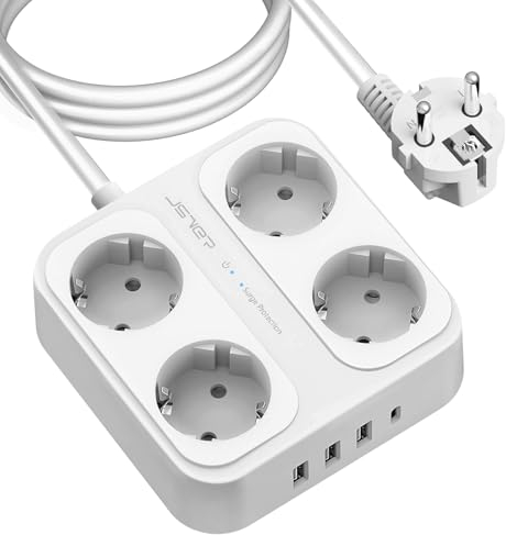 JSVER Regleta Enchufe 3M con 4 Tomas con 3USB A y 1 USB C (5 V/3,4 A),Protección contra Sobretensiones para el hogar, la Oficina y los Viajes Cable 3m-Blanco
