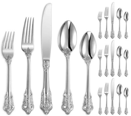 Royal Shang Youpin Vintage en Relief Ou Fleur Cuisine en Acier Inoxydable Argenterie Vaisselle Couverts Ensemble De Couverts Couteau À Steak Fourchette Cuillère Cuillère À (Argent,20 pièces)