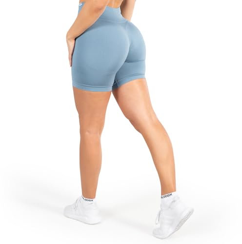 SMILODOX Sport Shorts Damen Amaze Pro, Seamless Blickdichte Radlerhose, Unsichtbarer Scrunch-Effekt, V-Shape High Waist Kurze Sporthose Biker Shorts Yoga Fitness Gym, Größe:S, Color:Graublau