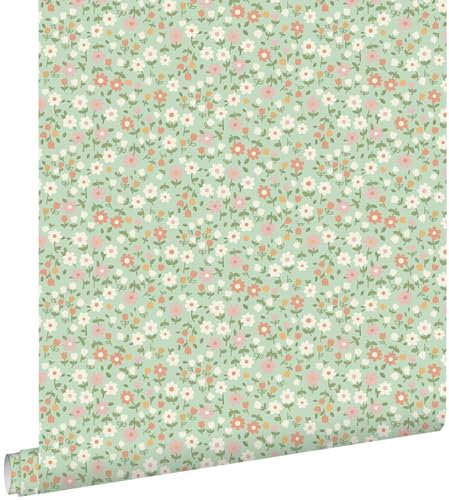 papier peint fleurs vert, rose terracotta et blanc 50 x 900 cm - ESTAhome