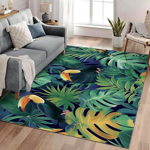 Tapis Oiseau Animal de la Jungle Tropicale Moelleux Premium - Ultra Doux, Lavable, pour Salon, Chambre à Coucher, Enfant Décoration D'intérieur 120cm x 180cm, Monstera à Feuilles de Palmier Vertes