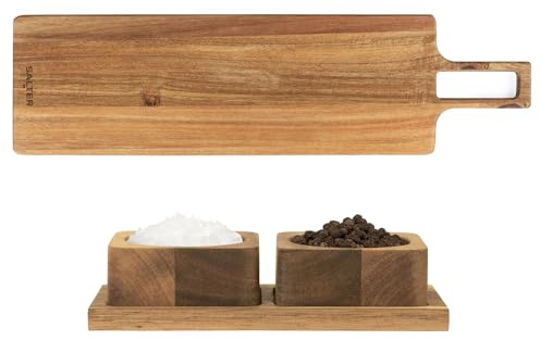 Salter Toronto Serving Board & Pinch Pot Set - 55 cm Wooden Pizza Peel, Large Grazing Board, Salt & Pepper Pots with Storage Tray, Acacia Wood, Rectangular Charcuterie Paddle, COMBO-9292