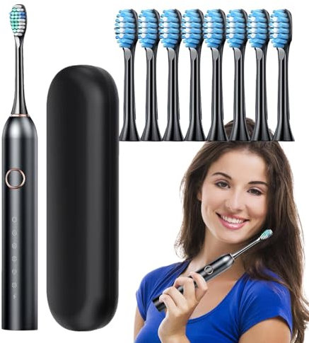Electric Toothbrushes Adults, Rechargeable SonicToothbrush with 6 Modes 2-Min Smart Timer, 40,000 VPM Motor with 8 Brush Heads & Travel Case, OneCharge for 180 Days, SonicToothbrushes for Kids,Black