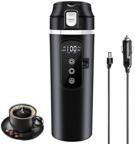 12V~24V Travel Electric Kettle, 400ml Portable Heating Mug with Anti-Spill Lid, Leak-proof, 304 Stainless Steel Liner Small Coffee Tea Cup Up to 100℃ Variable Temp Control Bottle
