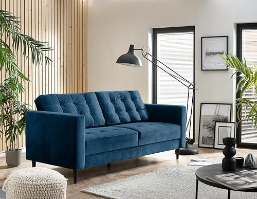 Furniturebox UK Joni 3 Seater Navy Blue Velvet Sofa -Upholstered Modern Retro Blue Fabric Sofa with Black Wooden Tapered Legs - Square Stitching - Stylish & Contemporary Living Room Furniture