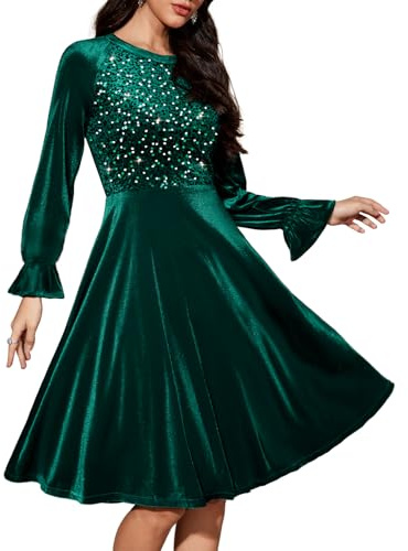 Bbonlinedress Glitzer Kleid Damen Samtkleid elegant Knielang Langarm Winterkleider festliches Weihnachtskleid mit Pailletten Party Cocktailkleid Dark Green XL