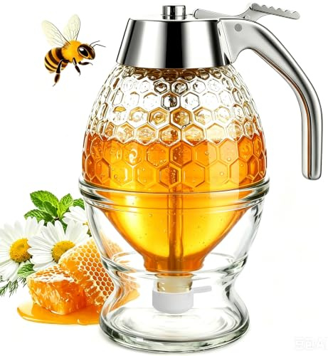 Timtopno Honey Dispenser, Glass Honey Dispenser No Drip, Honey Pot with Stand, 8 oz Honey Jar, Maple Syrup Honey Container, Elegant Honeycomb Design for Home Decor for Any Occasion