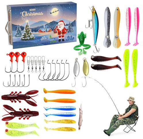 Angel Adventskalender 2024 Männer Weihnachten 24 Tage Angelkalender Köder Für Erwachsene Teenager junge-n Kinder,Weihnachtskalender Fishermans Angelköder Angler Geschenk Fishing Set 19x10x3,5cm