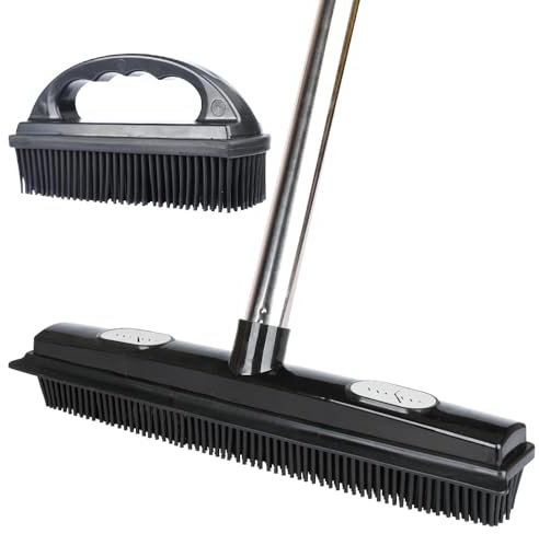 Rubber Broom and Pet Hair Brush Set, Pet Hair Removal Broom and Brush, Fur Remover Push Broom with Squeegee,Use for Carpet