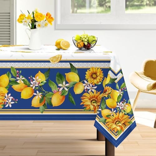Arquiel Tischdecke Rechteckige Zitrone Sonnenblume, Tischtuch Wasserabweisend StrapazierfäHiges Aquarell, Abwischbar Tischdeck FüR Abendessen, KüChe, Hochzeit, Drinnen, FrüHling/Sommer(140 x 180 cm)