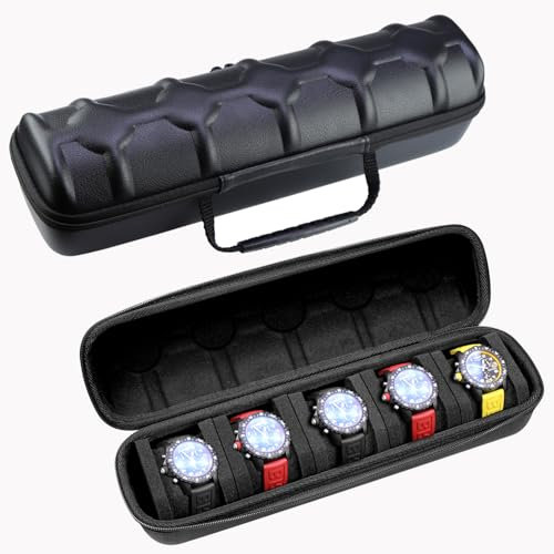 Juntan 5 Slots Hard Watch Travel Case, Portable PU Leder Zipper Storage Organizer Box für Männer Frauen mit weichen komprimierbaren Schaumstoff Kissen Schwarz